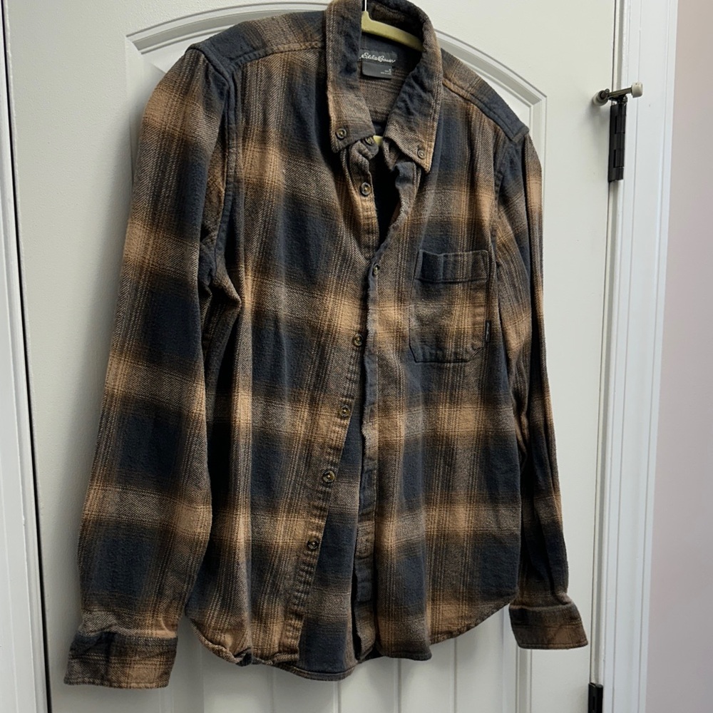 Eddie Bauer Black and Tan Plaid Button Down Shirt